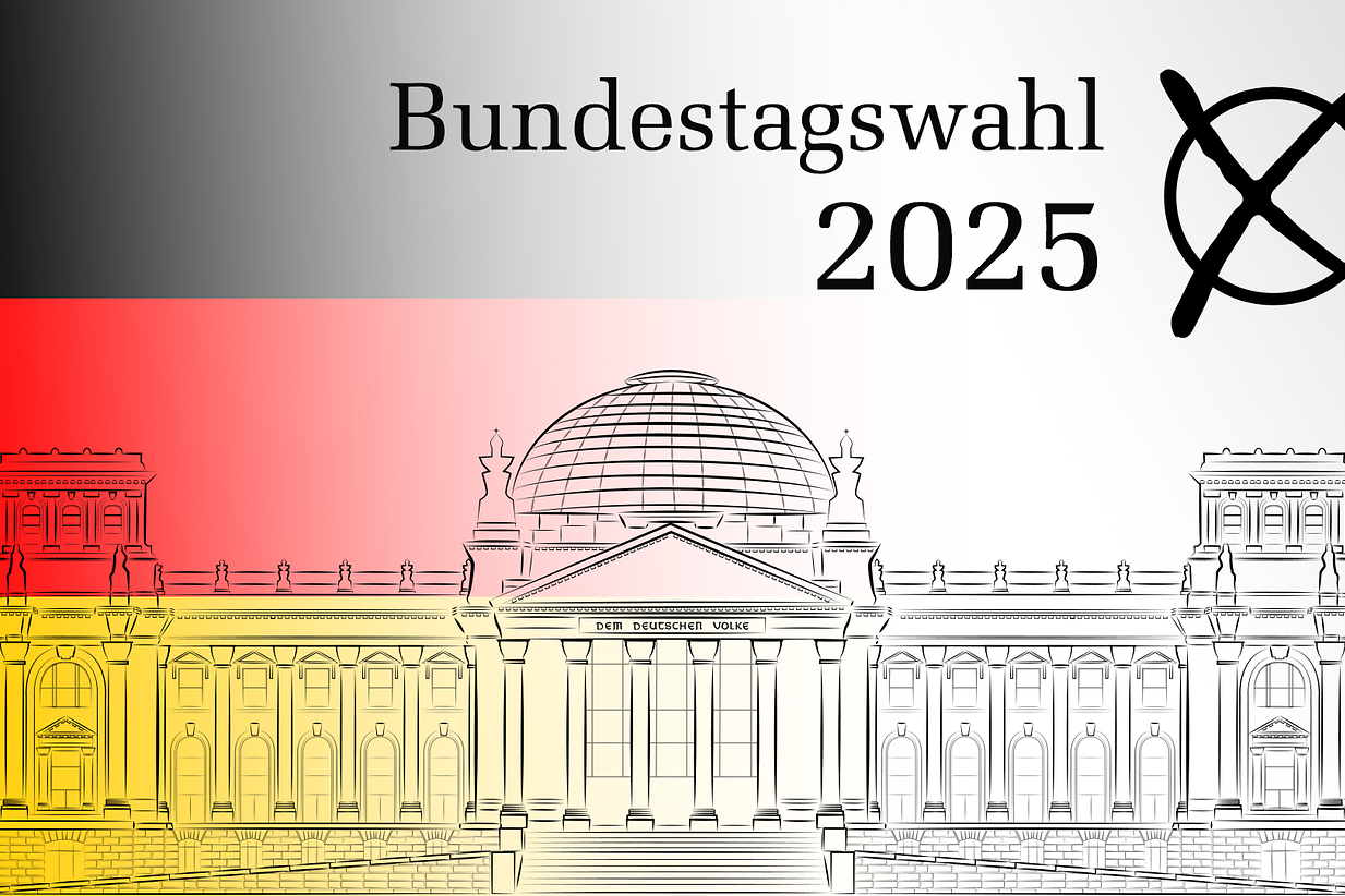 Grafik zur Bundestagswahl 2025: Vor dem Hintergrund der deutschen Nationalfarben ist der Berliner Reichstag als zentrales Symbol der Demokratie dargestellt. Ein deutlich gesetztes Kreuz verweist auf das aktive Wahlrecht und die Bedeutung politischer Teilhabe