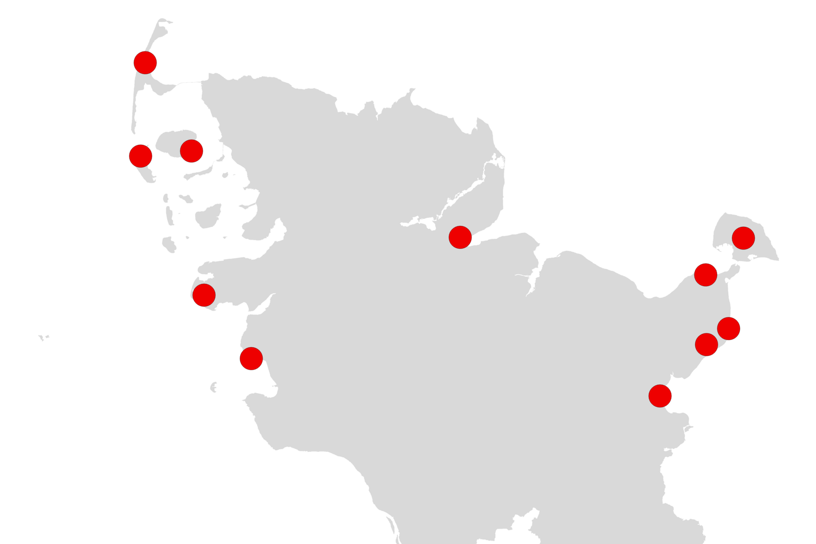 Das Bild zeigt eine Landkarte von Schleswig-Holstein mit markierten Orten entlang der Nord- und Ostseeküste. Die Karte ist in Grau gehalten. Folgende Orte sind markiert: •	Nordseeküste: Insel Sylt, Insel Föhr, Insel Amrum, St. Peter-Ording, Büsum •	Ostseeküste: Eckernförde, Insel Fehmarn, Heiligenhafen, Dahme, Grömitz, Lübecker Bucht (mit Neustadt in Holstein, Scharbeutz und Sierksdorf)