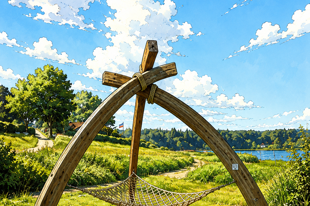 Illustration einer grünen Wiesenlandschaft an einem See. Im Vordergrund steht eine hölzerne, bogenförmige Konstruktion mit einer daran befestigten Hängematte aus Seilnetz. Im Hintergrund führen Wege durch die Landschaft zu Bäumen und einem See. Darüber spannt sich ein weiter blauer Himmel mit weißen Wolken.