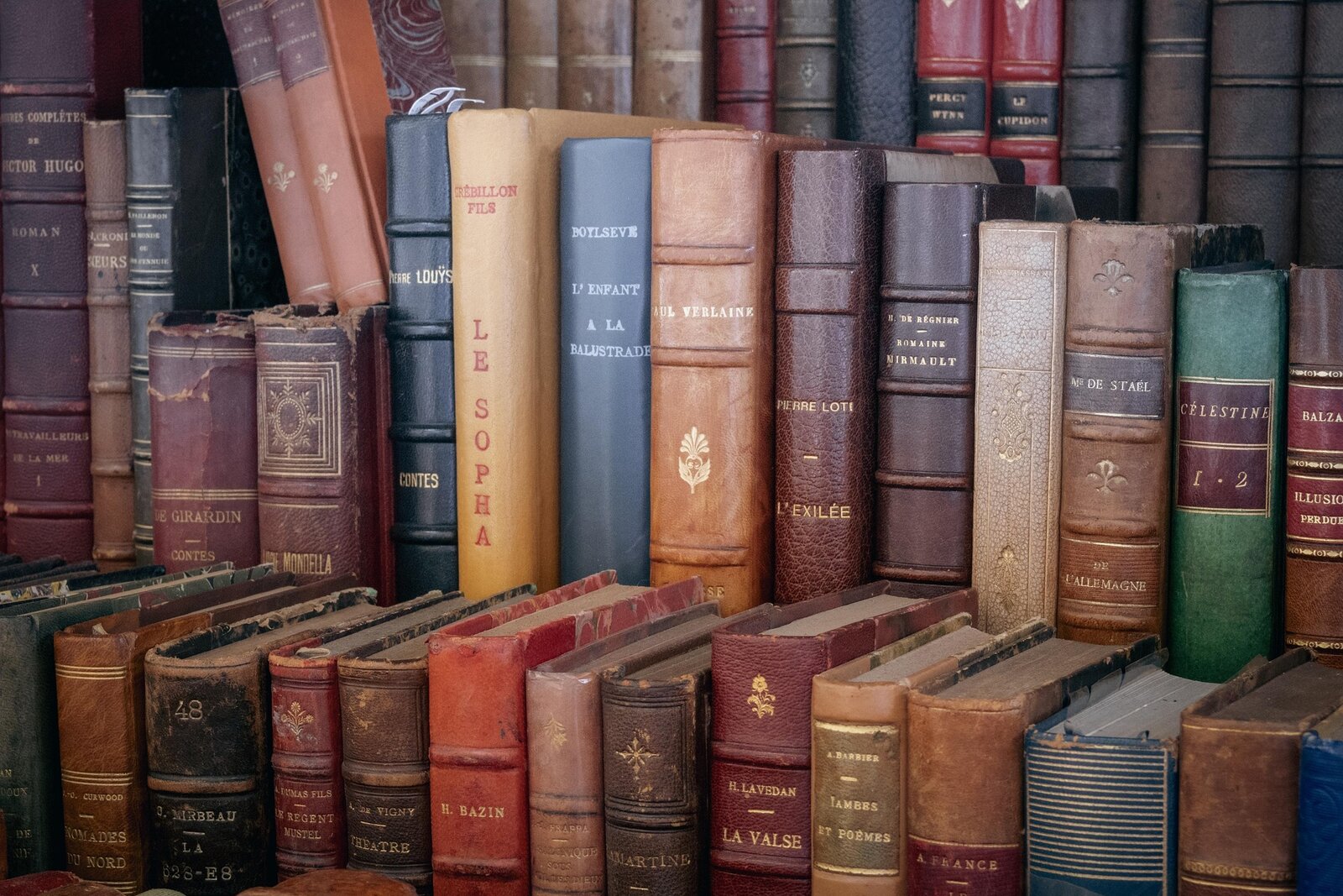 Ein Regal voller alter, ledergebundener Bücher in verschiedenen Farben wie Braun, Rot, Grün und Blau. Die Buchrücken sind mit goldener oder geprägter Schrift verziert, viele in französischer Sprache. Die Bücher wirken antik und gut erhalten, was auf eine historische oder literarische Sammlung hinweist.