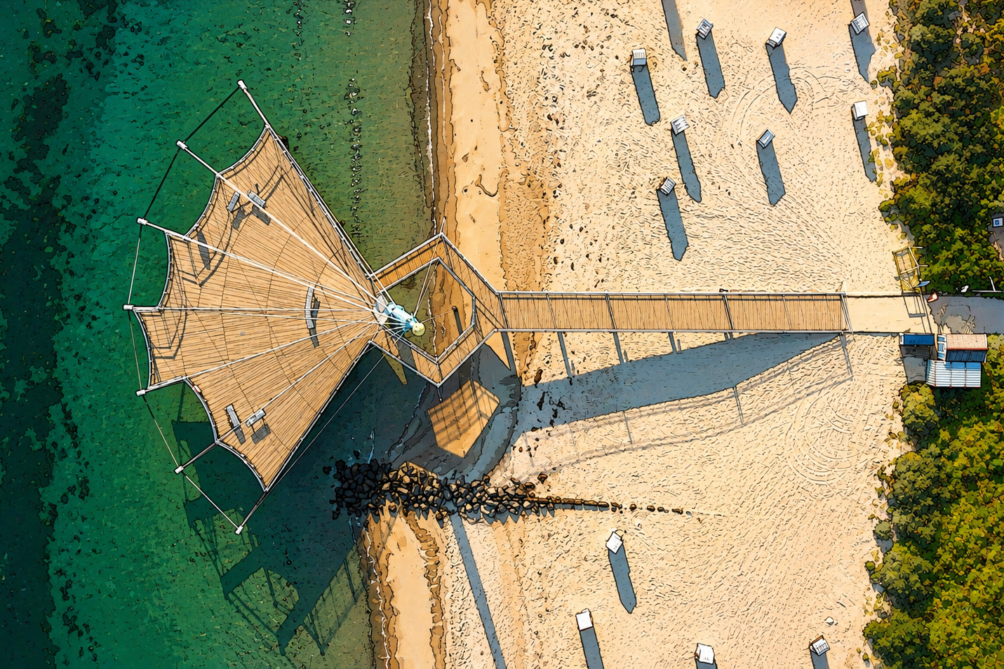 Illustration einer Draufsicht auf einen Sandstrand mit einem langen Holzsteg, der vom bewaldeten Ufer über den Strand bis zu einer großen, netzartigen Holzplattform über dem Wasser führt. Auf der Plattform befindet sich eine Person. Am Strand stehen mehrere Liegestühle und Sonnenschirme.