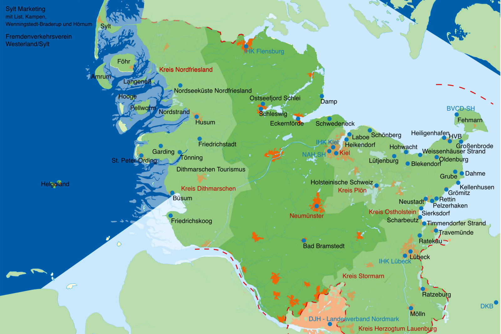 Eine Landkarte mit Orten in Schleswig-Holstein, die Mitglied im Tourismusverband Schleswig-Holstein sind.