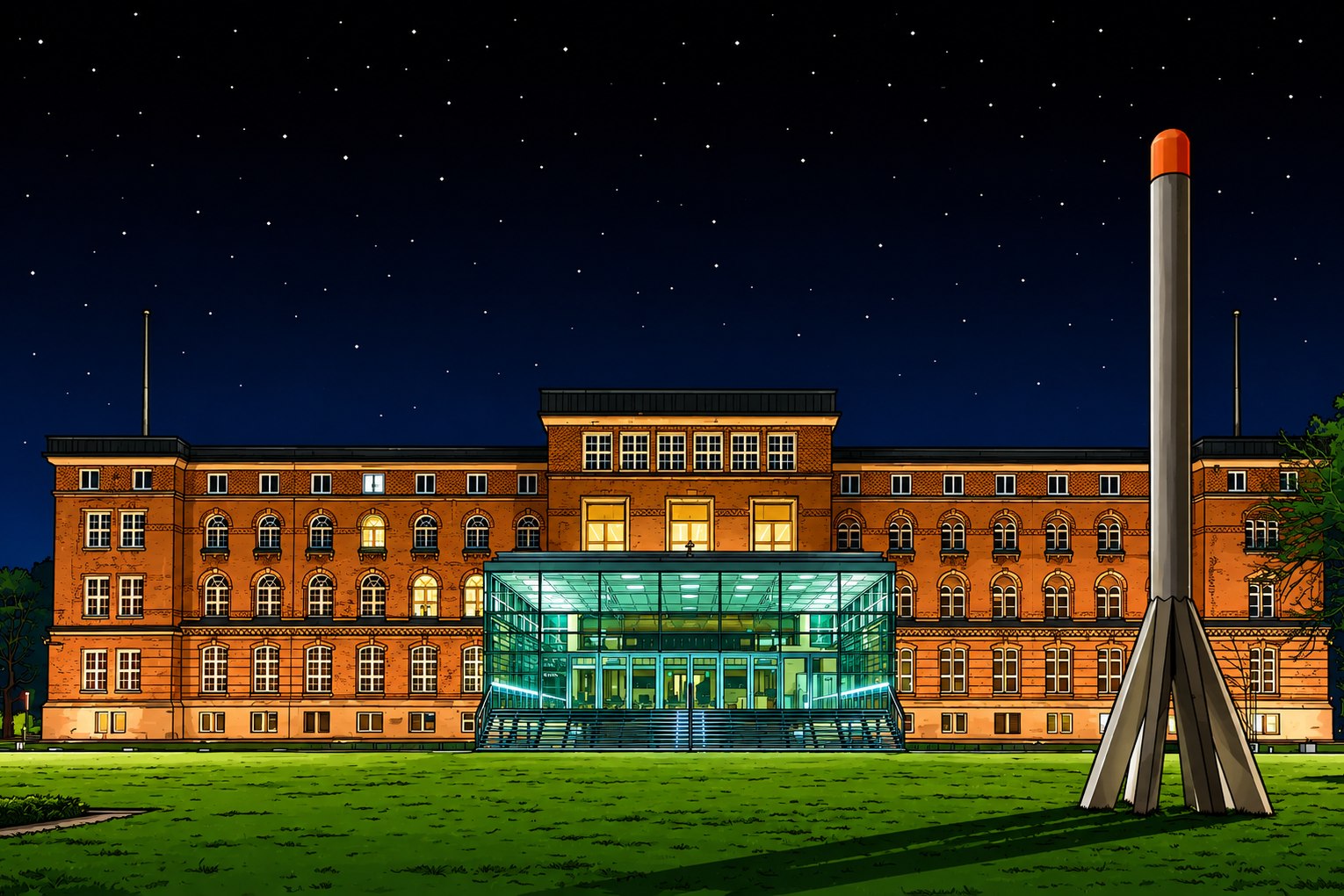 Illustration eines beleuchteten Backsteingebäudes bei Nacht. Vor dem Gebäude befindet sich ein moderner gläserner Eingangsbereich mit Treppen. Auf der Rasenfläche im Vordergrund steht eine hohe, abstrakte Skulptur. Am Himmel sind zahlreiche Sterne zu sehen.