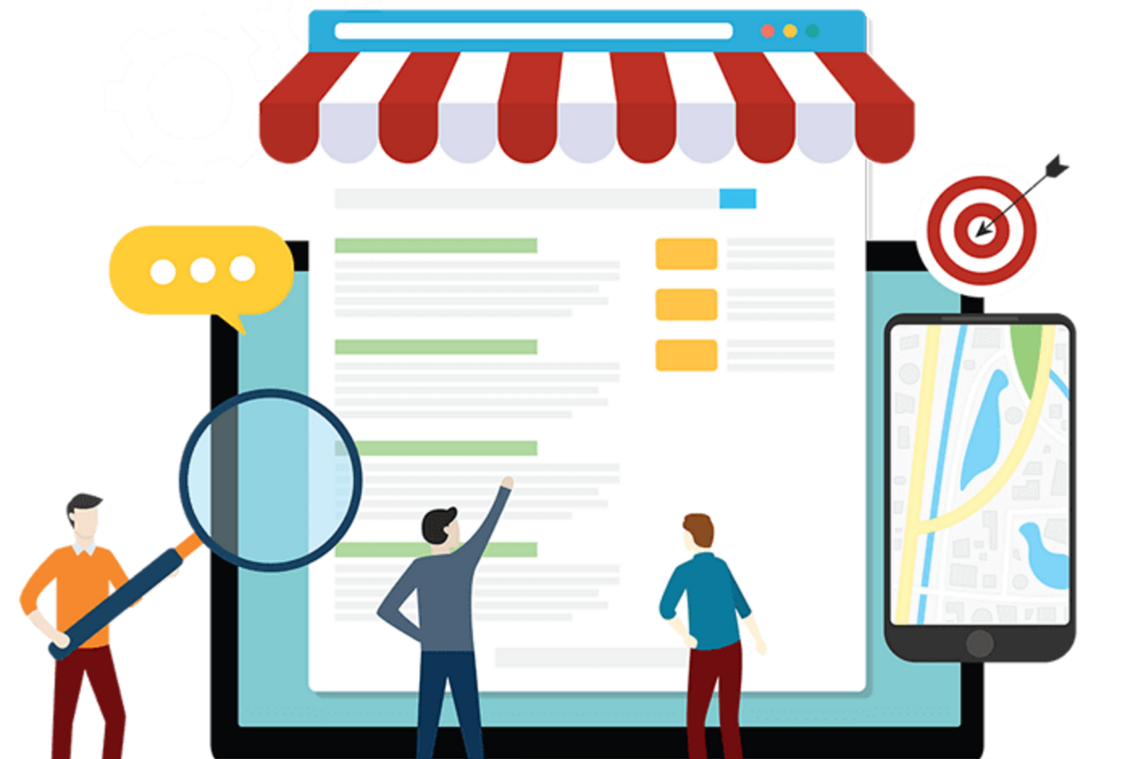 Illustration einer großen Webseite mit rotem Markisen-Dach, umgeben von drei Personen, die Inhalte auf dem Bildschirm analysieren. Symbole wie eine Lupe, ein Smartphone mit Karte, ein Ziel mit Pfeil, Zahnräder und eine Sprechblase stehen für Suchmaschinenoptimierung, digitale Sichtbarkeit, Standortsuche und Kommunikation.