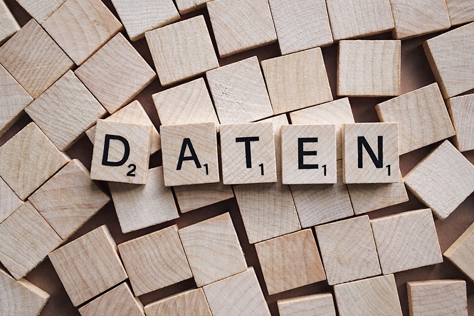 Aus Holzkl&ouml;tzchen ist das Wort "Daten" zu lesen im Stil von Scrabble.