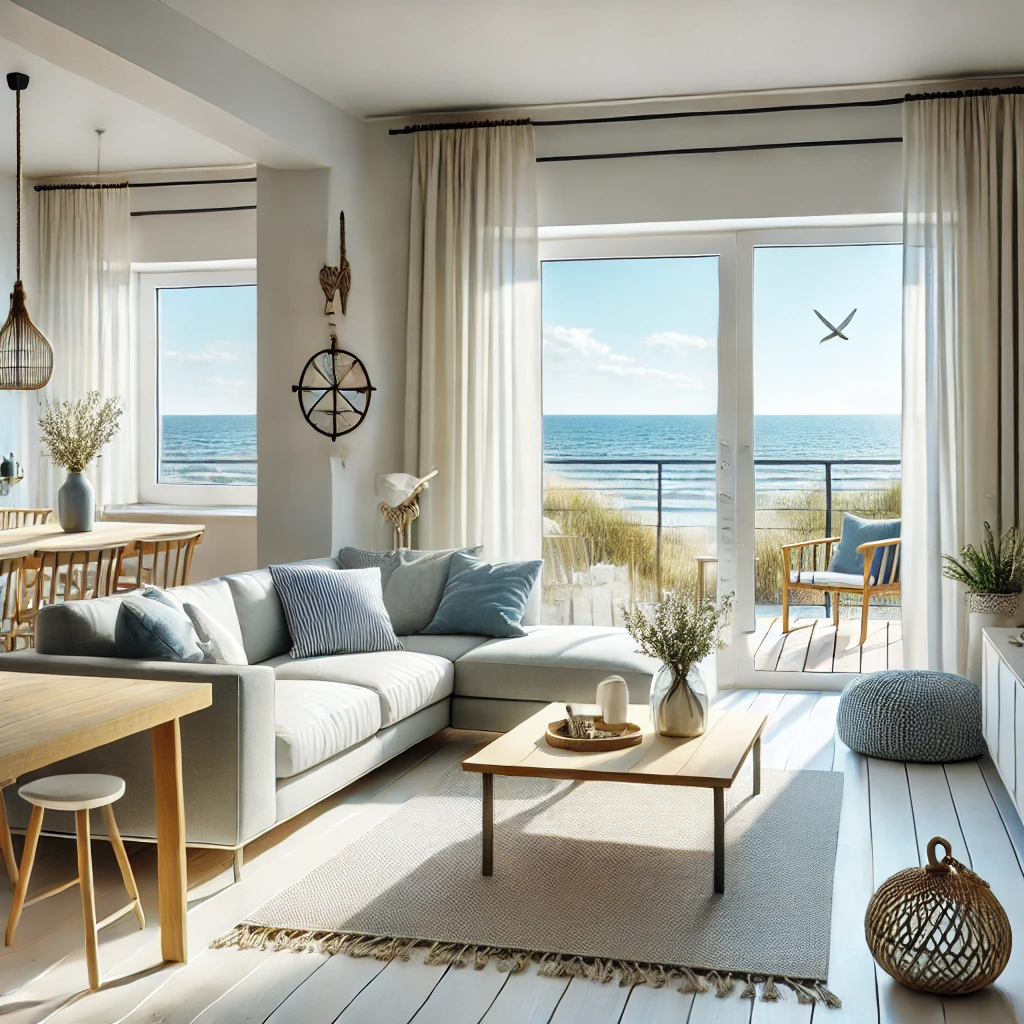 Ein helles, modern eingerichtetes Wohnzimmer mit maritimer Atmosph&auml;re und direktem Meerblick. Eine gro&szlig;e Fensterfront mit wei&szlig;en Vorh&auml;ngen f&uuml;hrt auf eine Terrasse mit Blick auf den Sandstrand und das blaue Meer. Die Einrichtung umfasst ein graues Ecksofa mit blauen und wei&szlig;en Kissen, einen Holzcouchtisch mit Dekoration und eine gem&uuml;tliche Sitzecke mit Naturmaterialien. Im Hintergrund befindet sich ein Essbereich mit Holztisch und St&uuml;hlen. Die W&auml;nde sind mit maritimen Dekorationselementen geschm&uuml;ckt, und das Licht f&auml;llt freundlich in den Raum.
