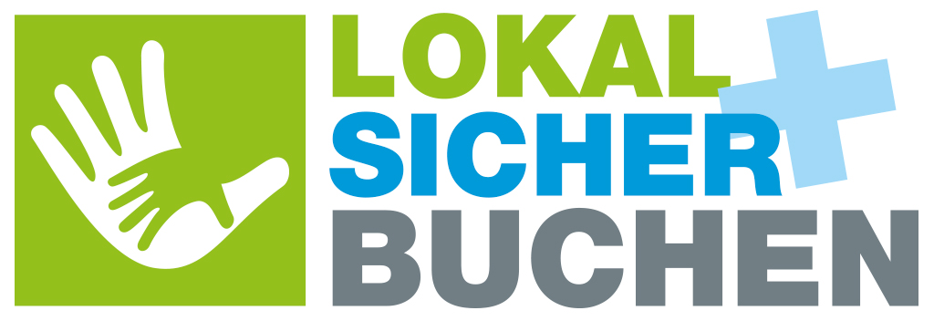  Logo mit einem gr&uuml;nen Quadrat, in dem eine stilisierte wei&szlig;e Hand eine kleinere Hand umfasst. Daneben steht in farbigen Buchstaben der Schriftzug 'Lokal sicher buchen', wobei 'Lokal' gr&uuml;n, 'sicher' blau und 'buchen' grau ist. Ein blaues Pluszeichen erg&auml;nzt das Design.